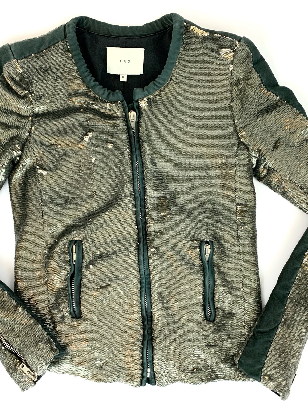 IRO Bush Metallic Sequin Bomber Jacket with Black Leather Trim